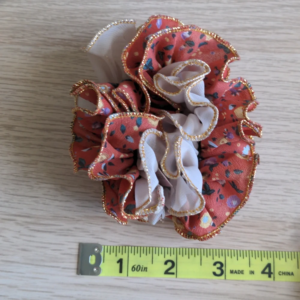 Coral orange with tan and gold edges hair scrunchie